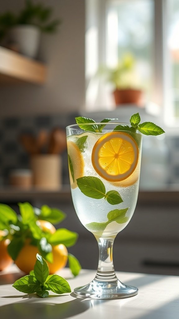 A refreshing glass of Zesty Lemon Basil Sparkler with lemon slices and basil leaves