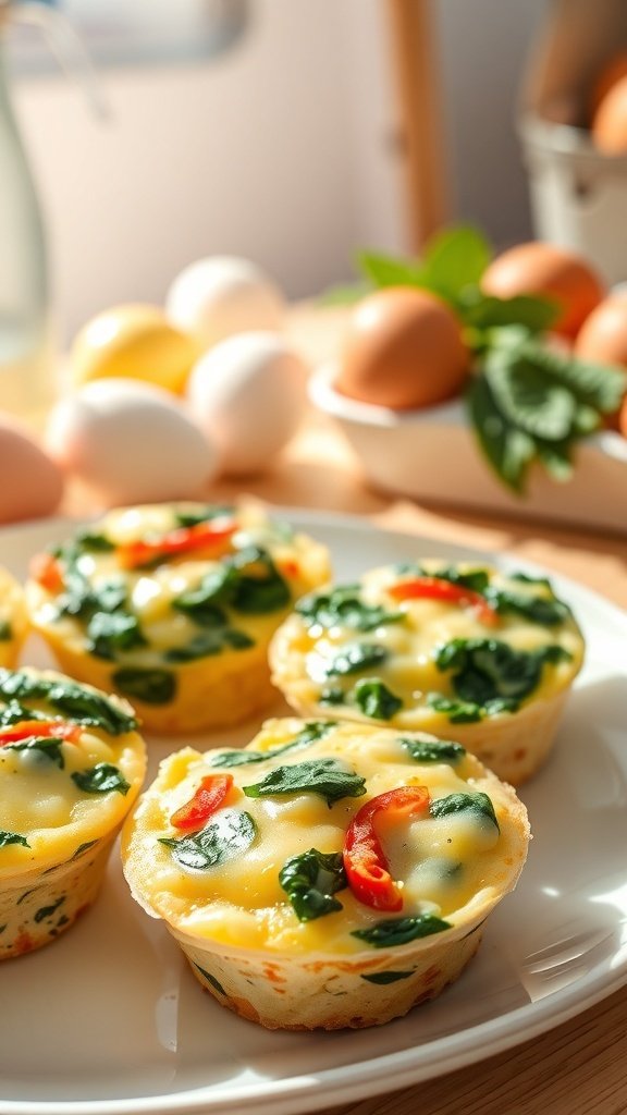 Light and cheesy egg muffins with spinach and cherry tomatoes on a plate, surrounded by fresh eggs.