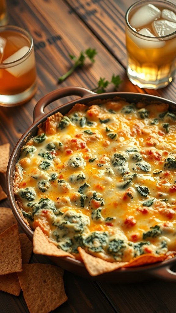A bubbling dish of spinach and artichoke dip topped with melted cheese, surrounded by tortilla chips and drinks.