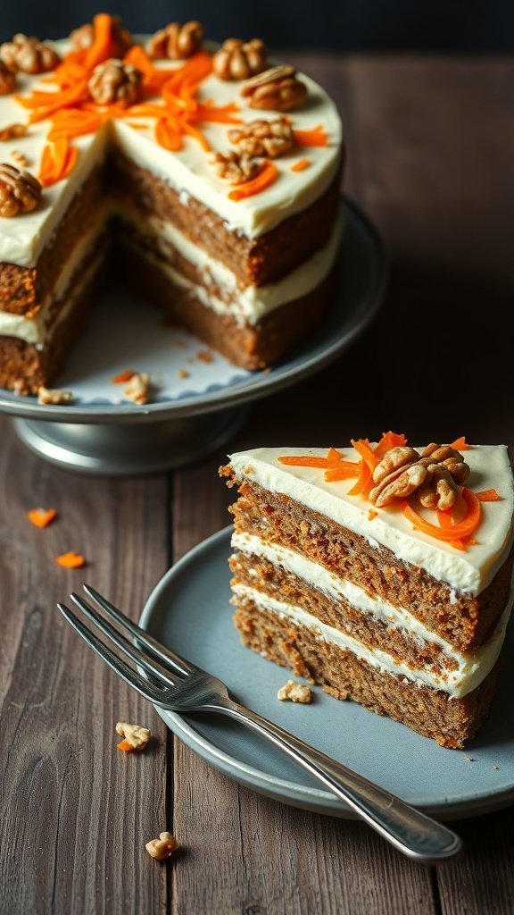 A layered carrot cake cheesecake topped with cream cheese frosting, walnuts, and carrot decorations.