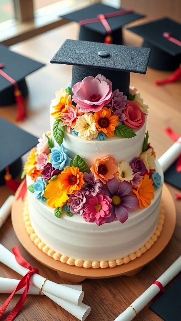 A beautifully decorated graduation cake with colorful flowers and a graduation cap on top.