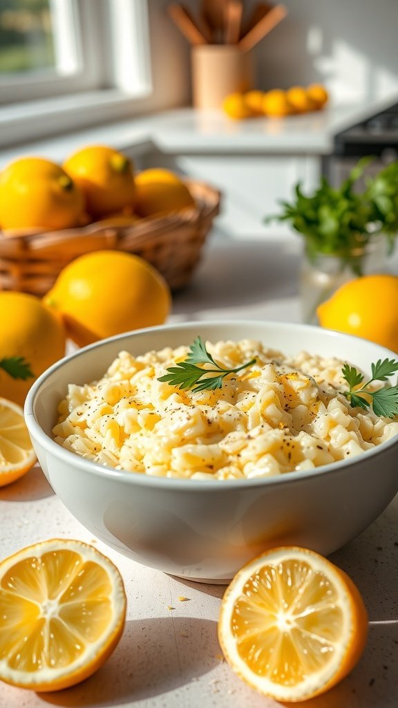 A bowl of creamy lemon risotto with fresh lemons and parsley in the background.