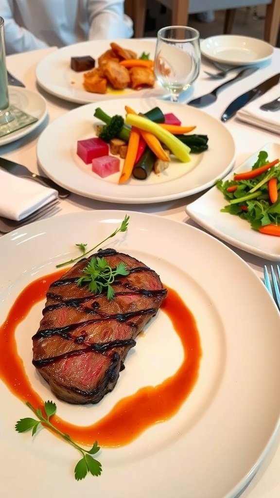 A beautifully plated steak dish with grilled vegetables and a drizzle of sauce.