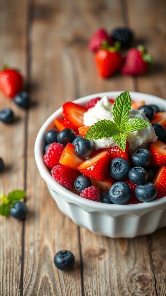 A bowl of mixed summer berries topped with whipped cream and mint leaves.