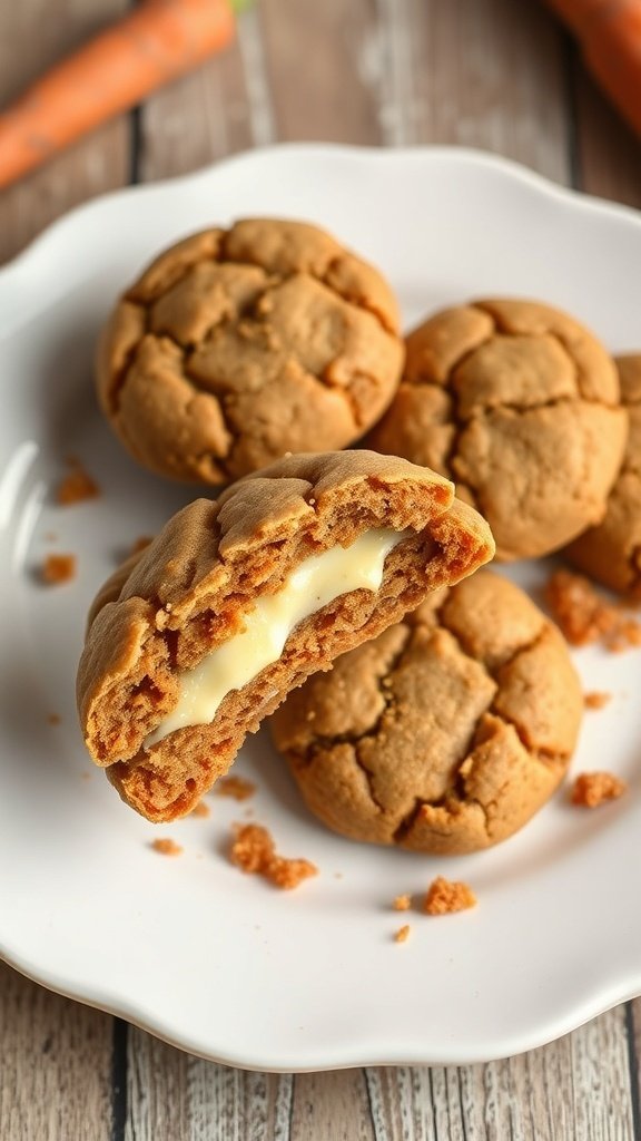 Carrot cake cookies with creamy filling, one cookie broken in half to show the filling