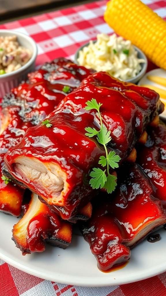 A plate of BBQ ribs with sauce, corn on the cob, and coleslaw