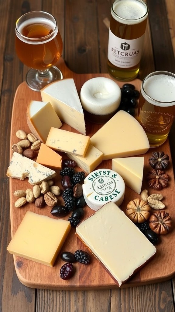A summer charcuterie board featuring various artisanal cheeses, nuts, dried fruits, and craft beers.