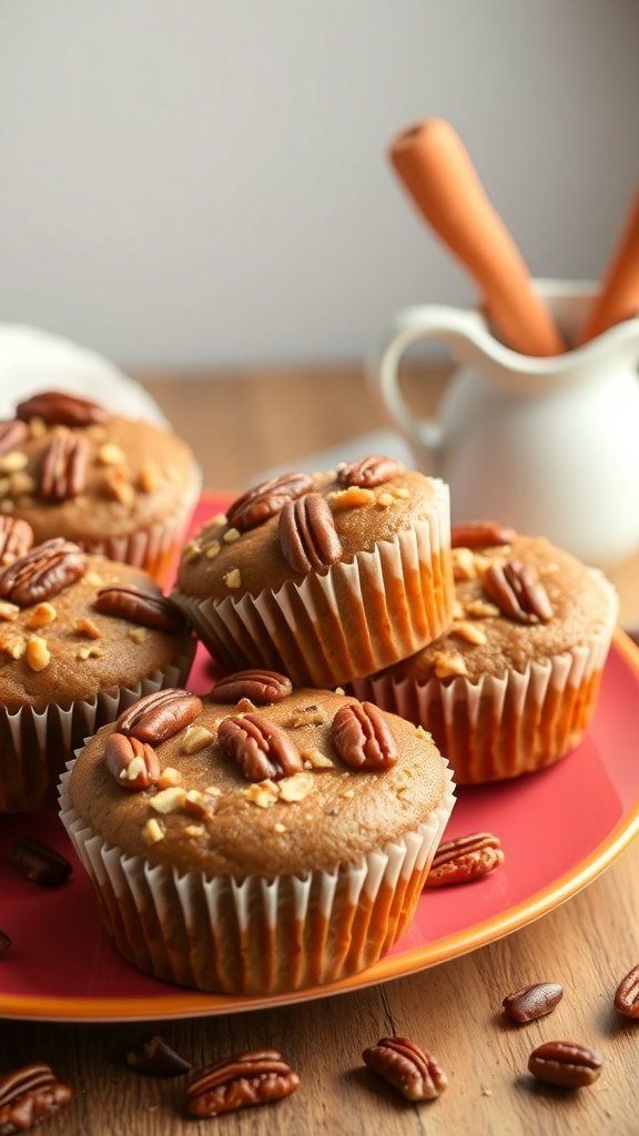 Nutty carrot muffins topped with pecans on a red plate.