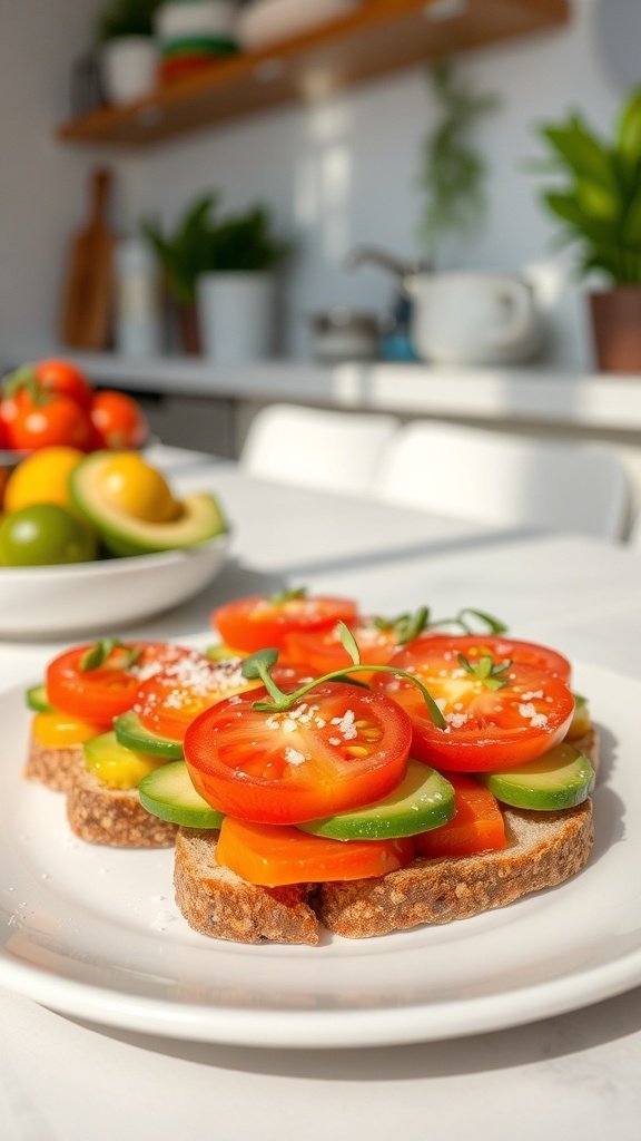 Creamy avocado and tomato sandwiches on a plate with fresh ingredients in the background