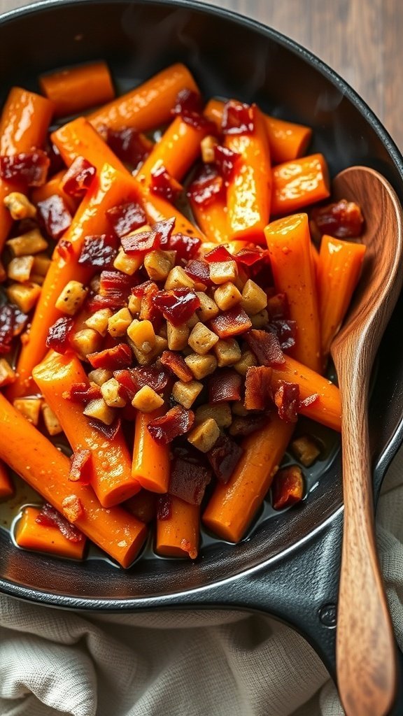 A skillet filled with maple glazed carrots topped with crispy bacon.