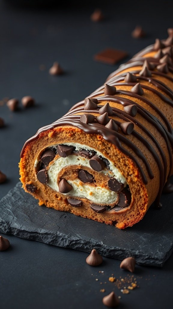 Chocolate chip carrot cake roll with chocolate drizzle and chocolate chips on top