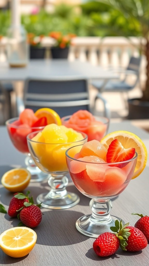 Colorful lemon sorbet served in fruit cups with strawberries and lemons on the side.