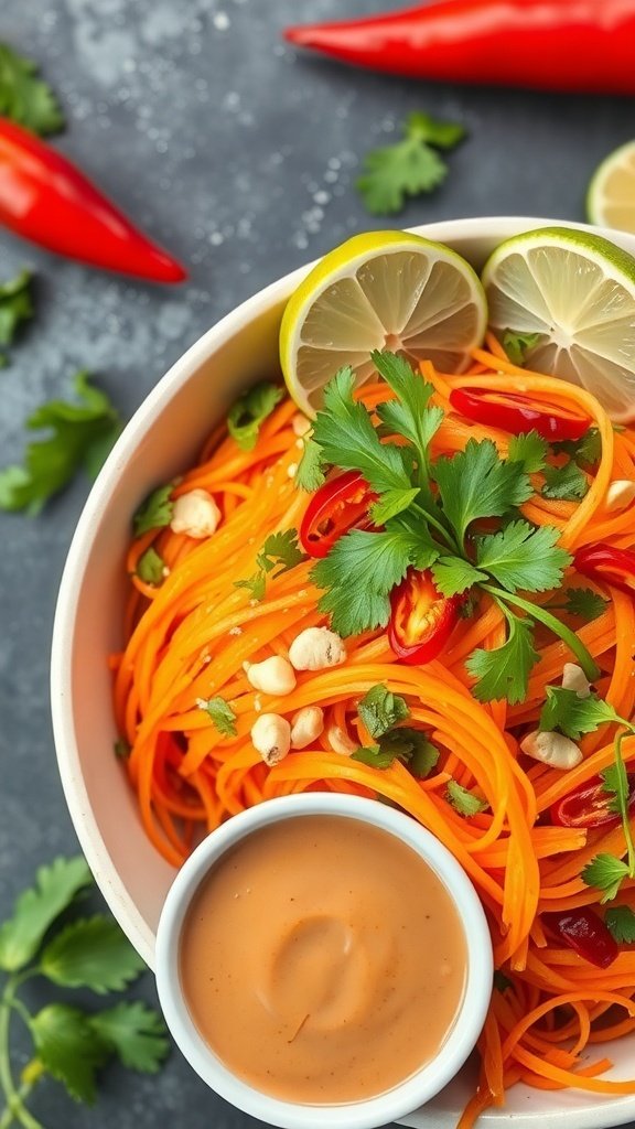 A bowl of Spicy Thai Carrot Salad with peanuts and lime, garnished with fresh herbs and chili.