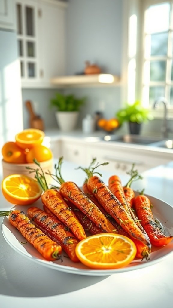 Grilled carrots marinated in citrus, garnished with fresh herbs, served on a plate with orange slices.