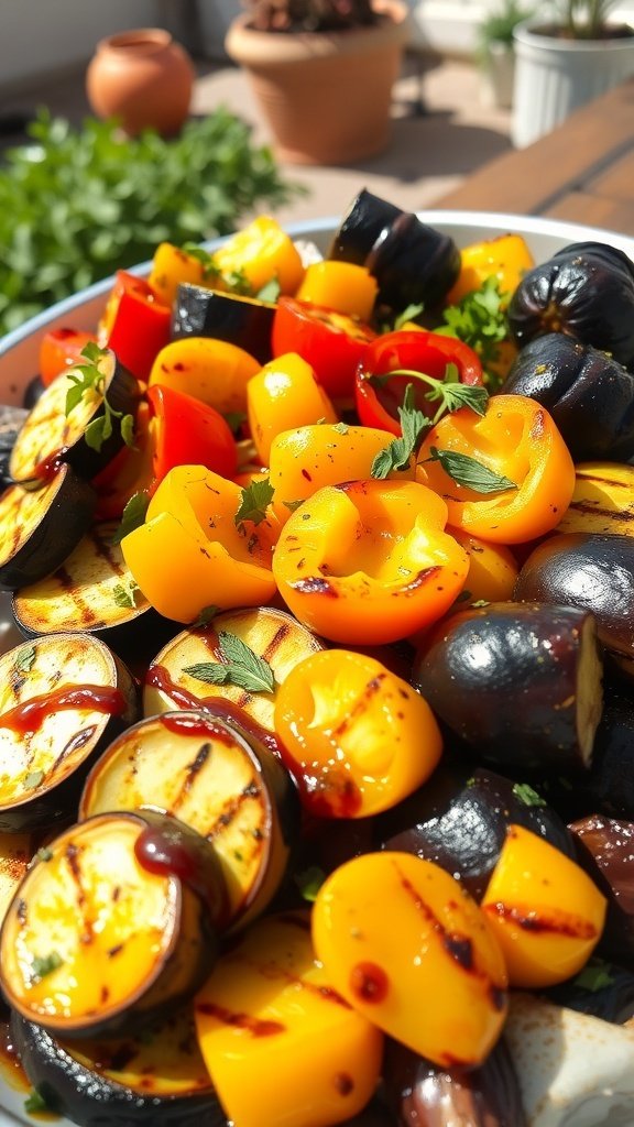 A colorful medley of grilled vegetables including bell peppers, eggplant, and zucchini, garnished with fresh herbs.