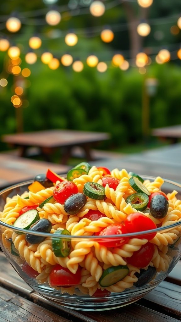A vibrant bowl of pasta salad with cherry tomatoes, olives, and fresh vegetables, set against a backdrop of twinkling lights.
