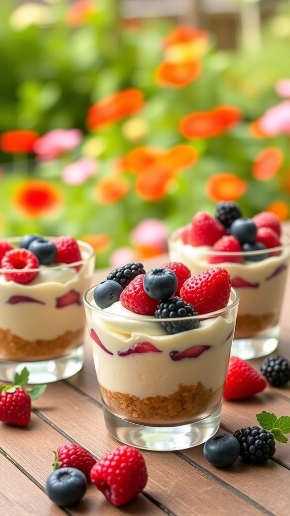 Three no-bake cheesecake cups topped with fresh berries, set against a colorful floral background.