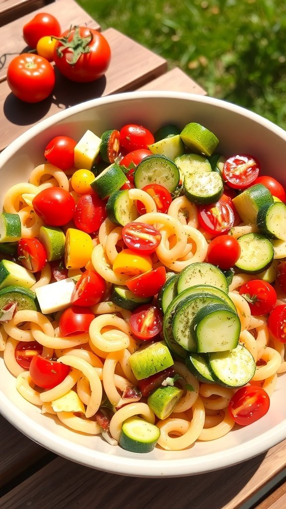 A bowl of colorful summer vegetable pasta salad with cherry tomatoes, zucchini, and bell pepper.
