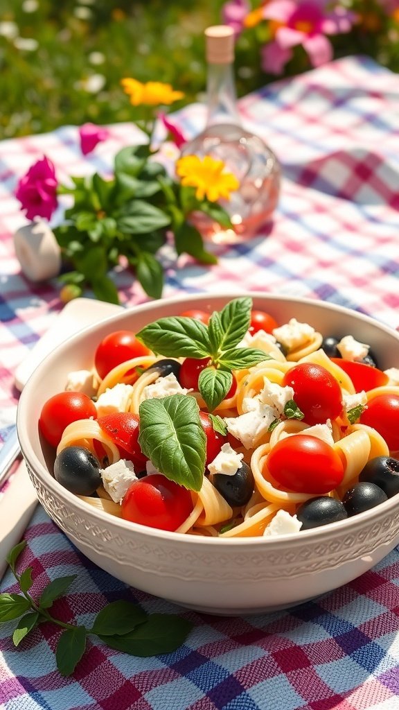 A bowl of pasta with cherry tomatoes, black olives, and feta cheese, garnished with fresh basil, on a picnic blanket.