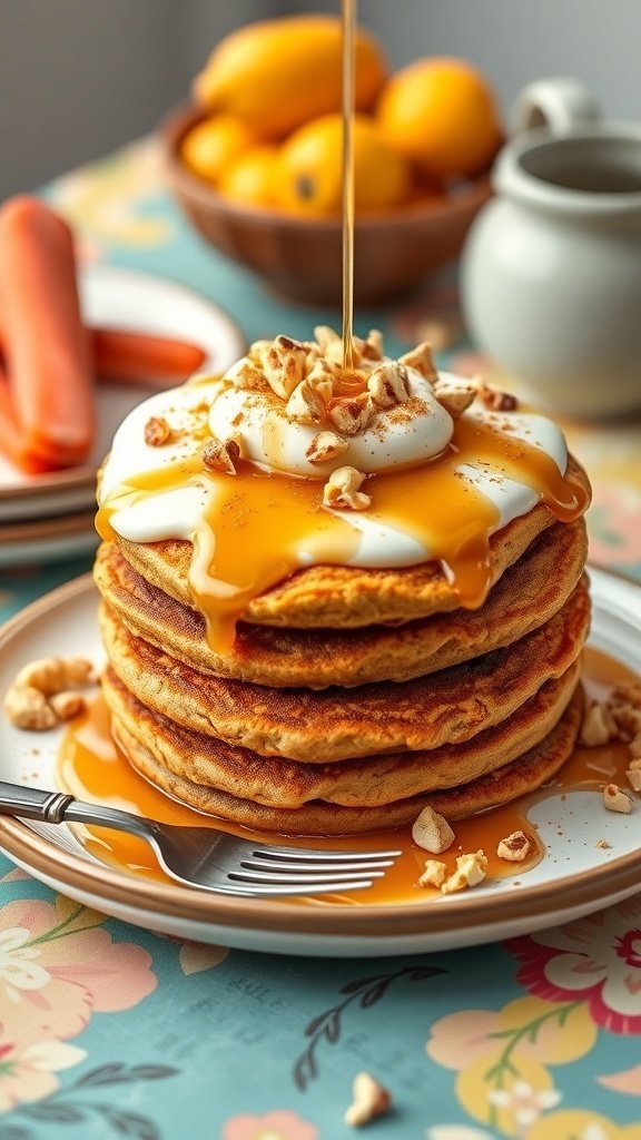 A stack of carrot cake pancakes topped with cream cheese frosting, nuts, and syrup, with fresh carrots and lemons in the background.
