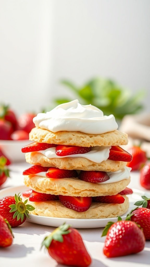 A delicious strawberry shortcake with layers of cake, strawberries, and whipped cream.