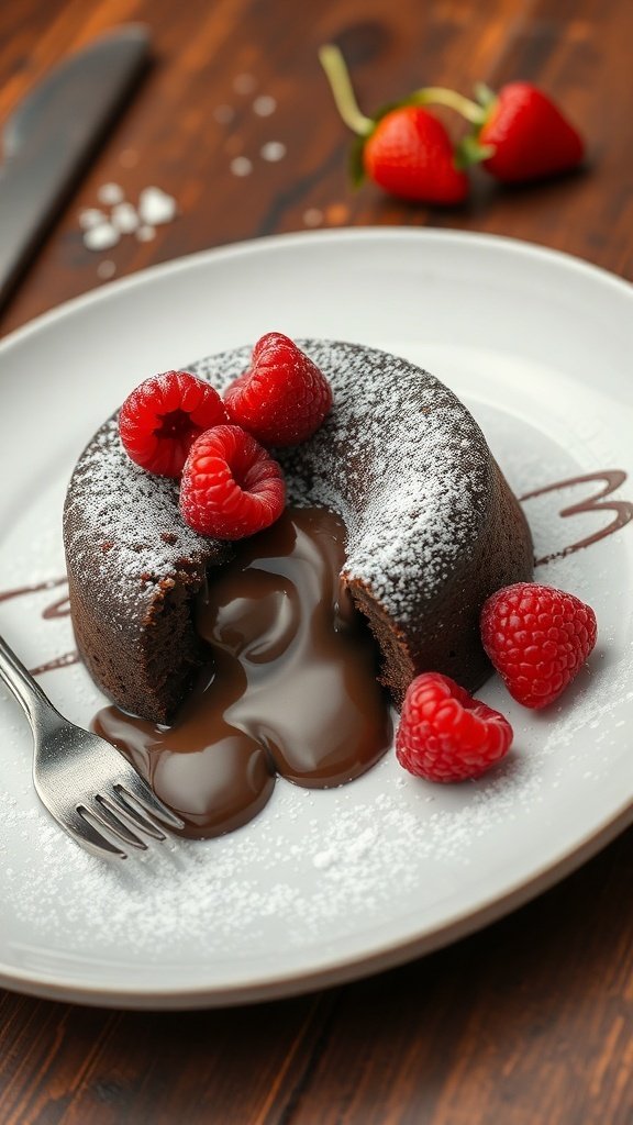 A delicious chocolate lava cake with a gooey center, topped with raspberries and powdered sugar on a white plate.