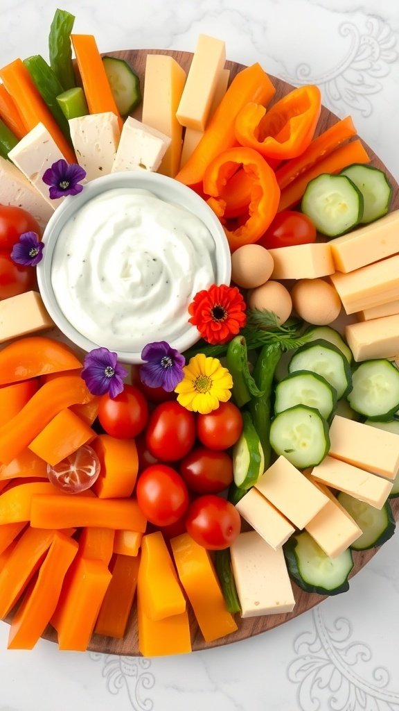 A vibrant garden fresh veggie and cheese board with colorful vegetables and cheese cubes.