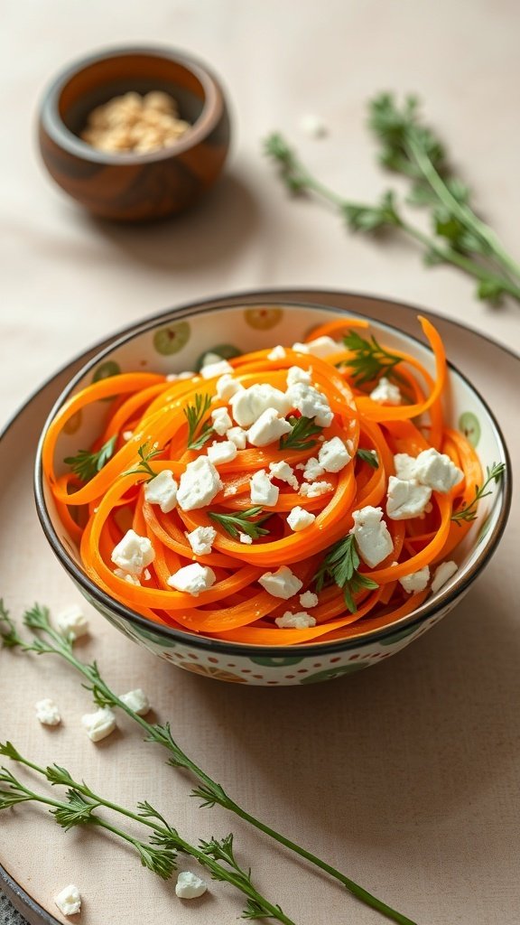 A bowl of carrot ribbon salad topped with tangy feta crumbles and fresh herbs.