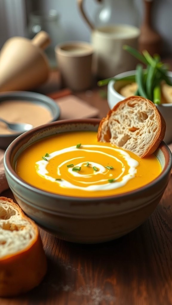 A bowl of creamy summer squash soup with a swirl of cream and chives, accompanied by slices of bread.