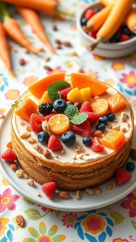 A vegan carrot cake cheesecake topped with fresh fruits and nuts, surrounded by carrots.