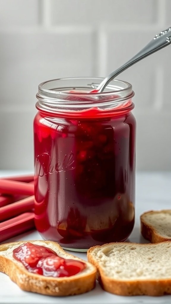 A jar of vibrant red rhubarb jam next to slices of bread, ready for spreading.