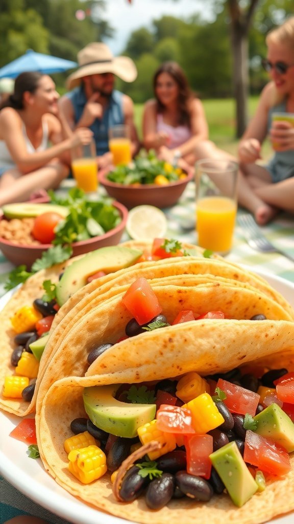 A plate of hearty veggie tacos filled with black beans, corn, tomatoes, and avocado, with friends enjoying a picnic in the background.