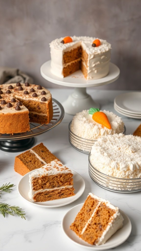 A variety of carrot cakes displayed, showcasing different styles and decorations.