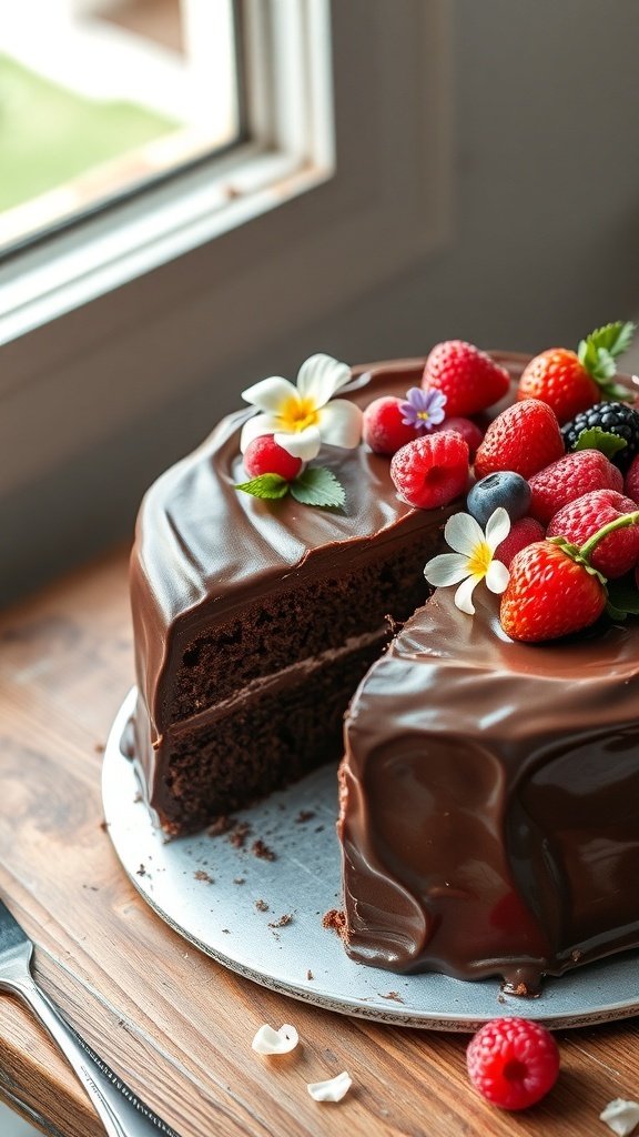 A beautifully decorated chocolate ganache cake topped with fresh berries and edible flowers, showcasing a slice cut out.
