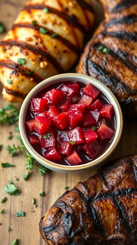 A bowl of rhubarb chutney served with grilled meats