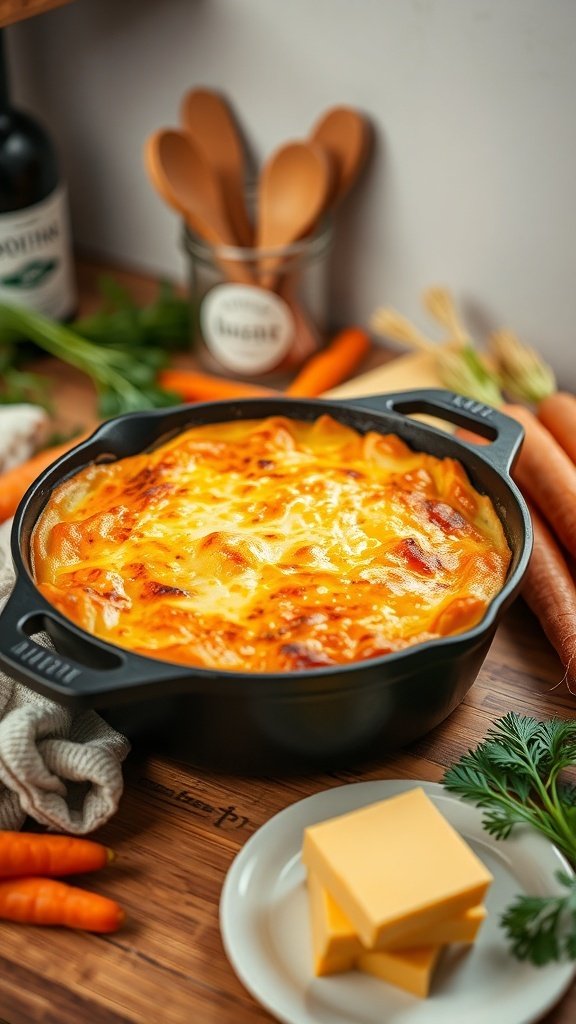 A delicious carrot souffle topped with melted cheese, surrounded by fresh carrots and cooking utensils.