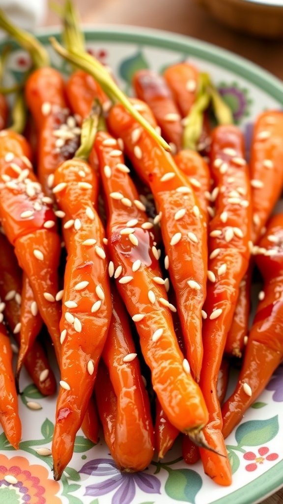A plate of honey-sesame carrots garnished with sesame seeds.