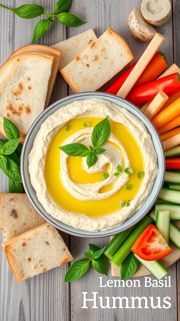 Bowl of Lemon Basil Hummus with pita bread and vegetable sticks