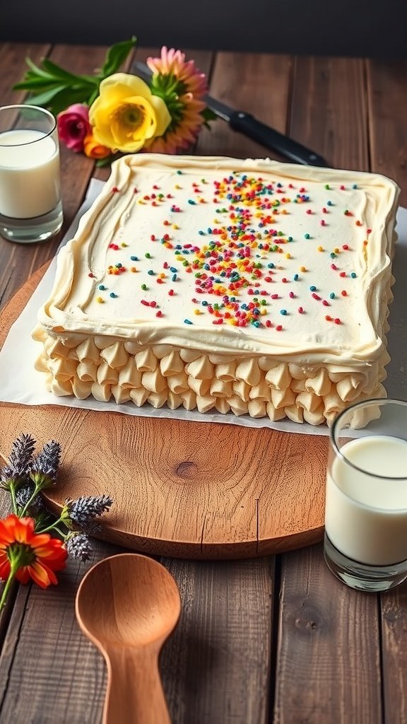 A beautifully decorated vanilla sheet cake with colorful sprinkles, surrounded by flowers and a glass of milk.