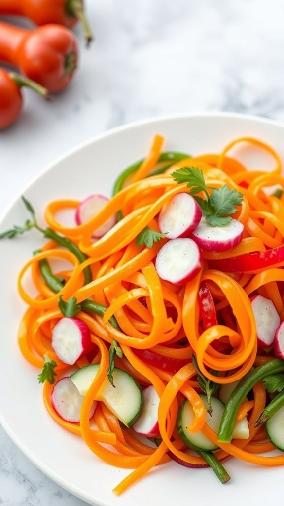 A colorful salad made with carrot ribbons, green beans, radishes, and bell peppers.