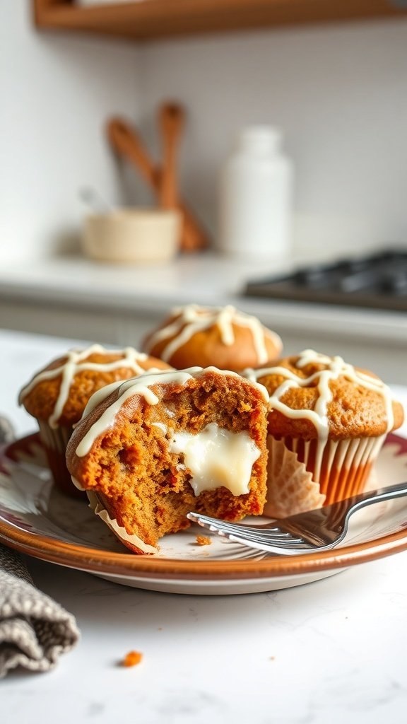 Delicious carrot cake muffins with cream cheese filling and icing on a plate
