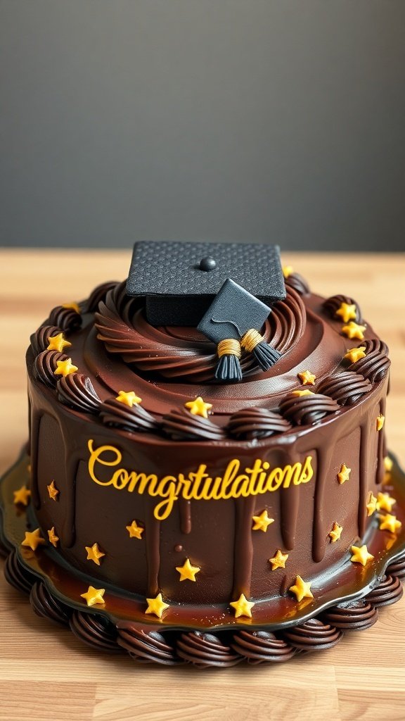A chocolate graduation cake decorated with a graduation cap and stars, with the word 'Congratulations' written on it.