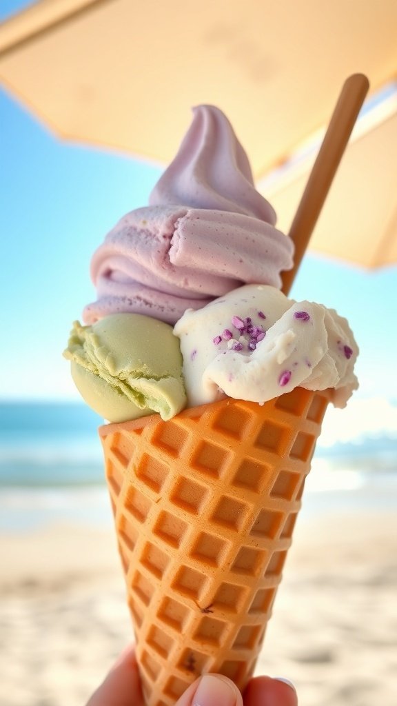 A delicious ice cream cone with three unique flavors against a beach backdrop.