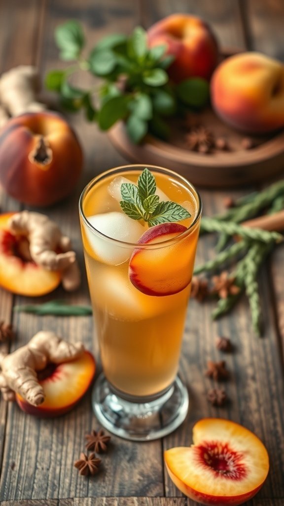 A refreshing glass of Spicy Ginger Peach Iced Tea with peach slices and ginger on a wooden table.