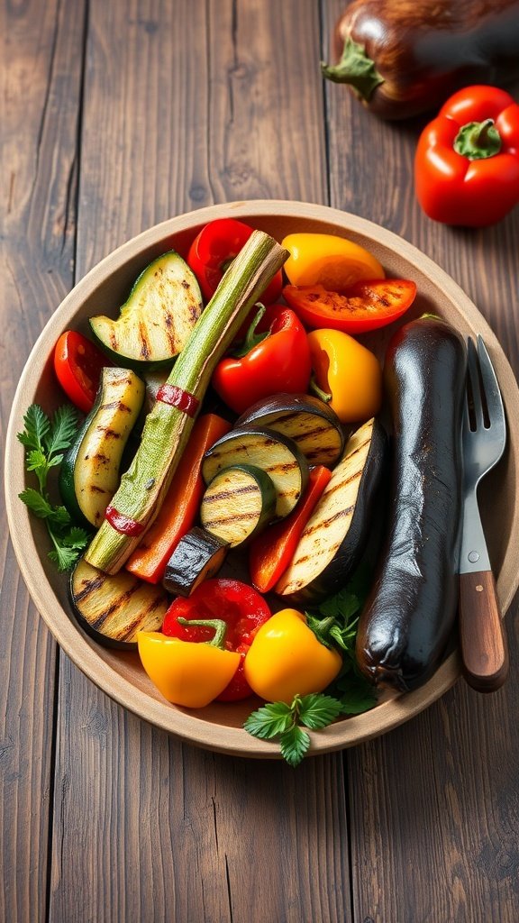 A colorful plate of grilled vegetables including zucchini, bell peppers, and eggplant, arranged beautifully.