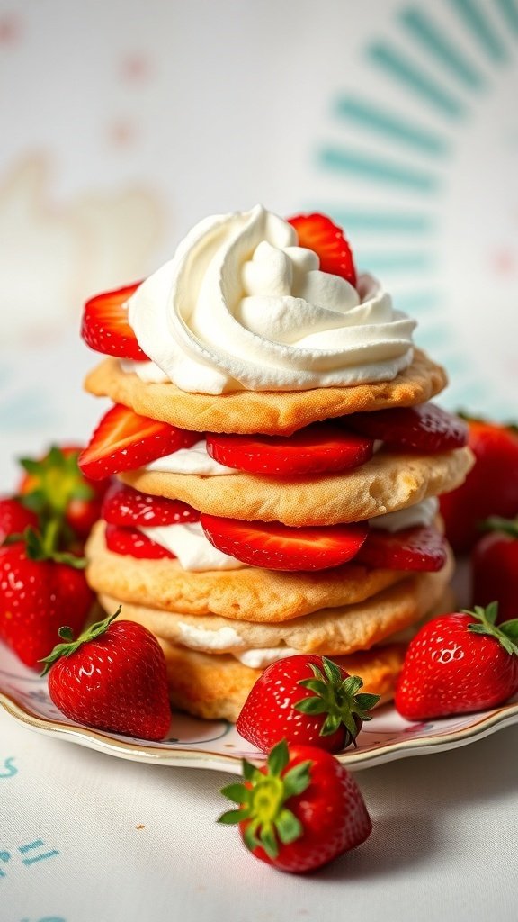 A delicious strawberry shortcake stacked high with fresh strawberries and whipped cream.