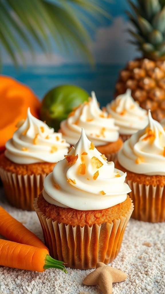 Delicious carrot cupcakes topped with coconut frosting, surrounded by fresh carrots and tropical fruits.