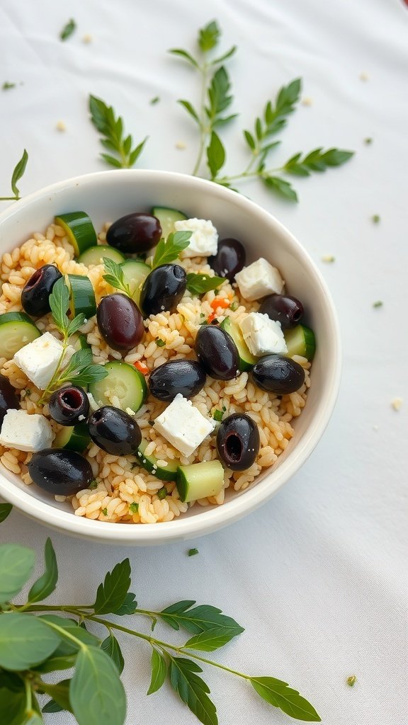A bowl of Mediterranean Orzo Salad with cucumbers, olives, and feta cheese.