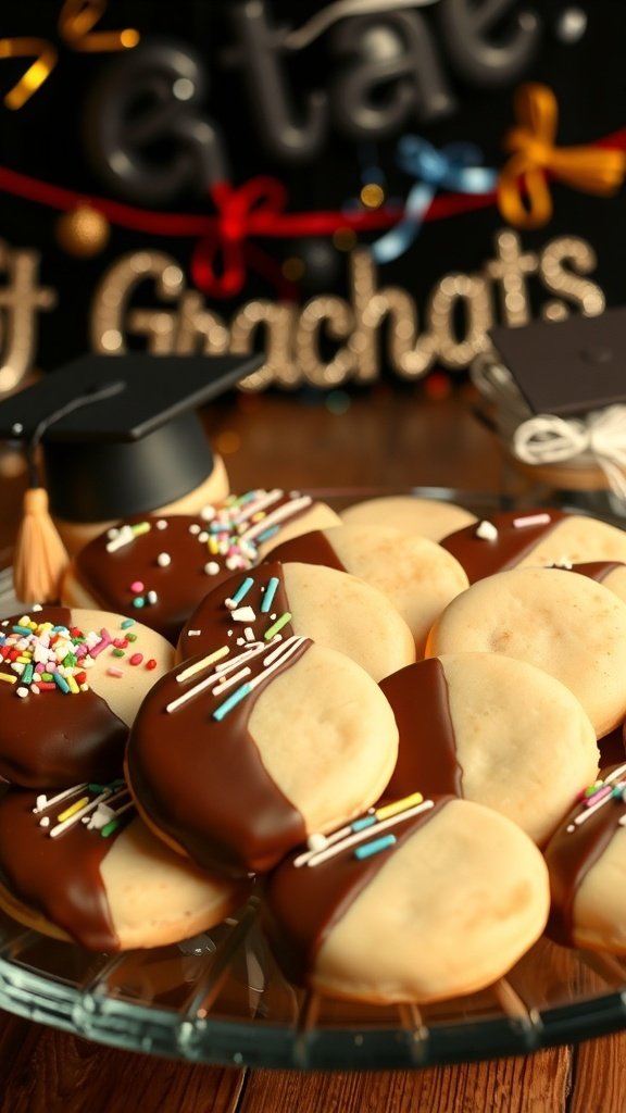 A plate of chocolate-dipped cookies decorated with colorful sprinkles, perfect for graduation celebrations.
