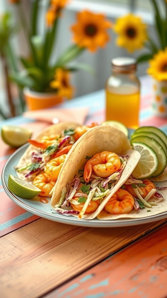 Plate of spicy grilled shrimp tacos with lime and fresh vegetables